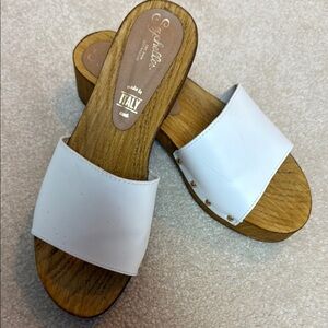 Seychelles White and Brown Mules with Cross Straps
